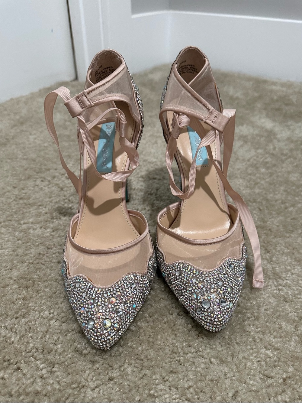 Betsey Johnson Champagne Crystal-Embellished Lace-Up Heels